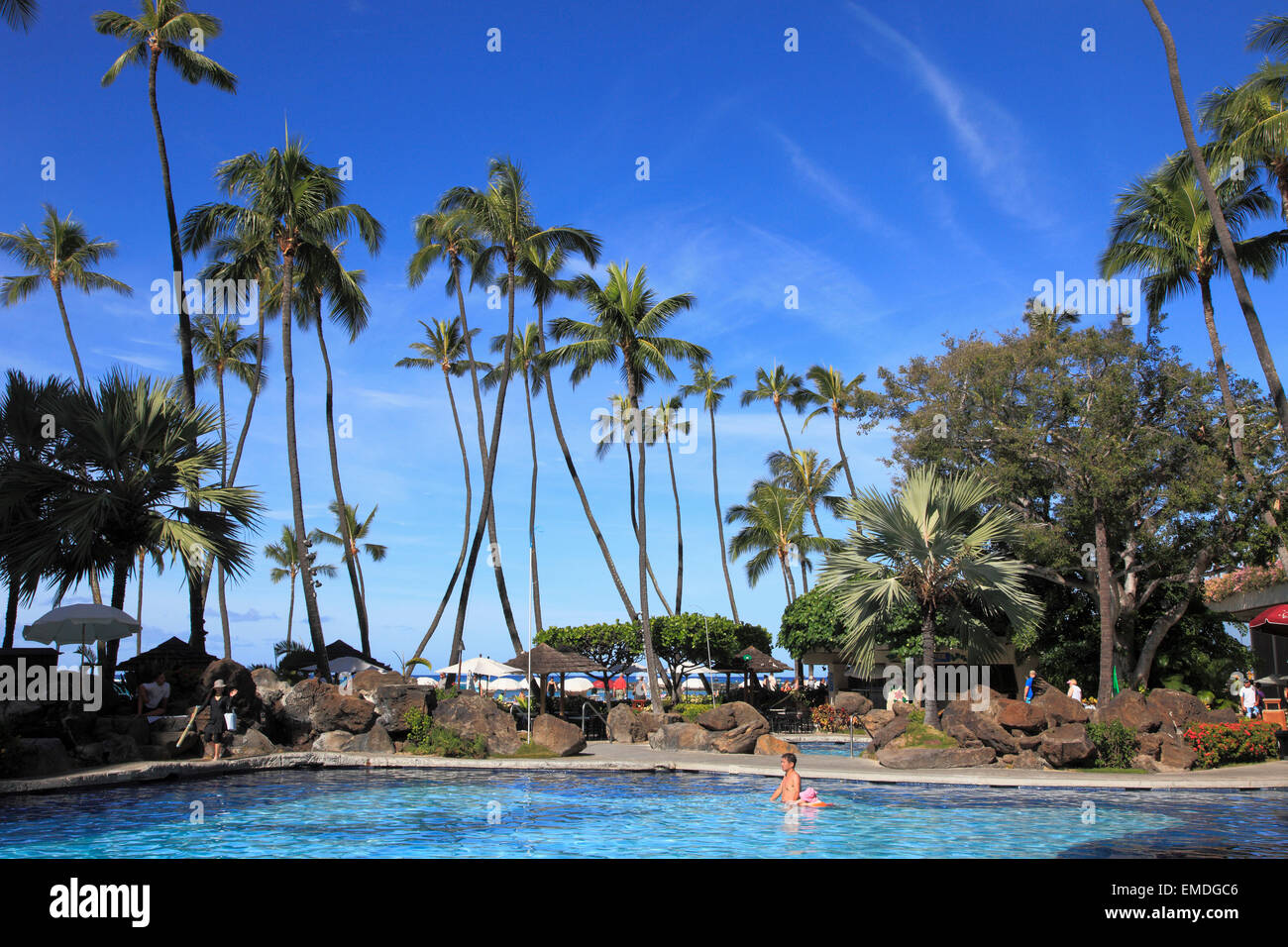Hawaii, Oahu, Waikiki, Hilton hotel, piscina, Foto Stock