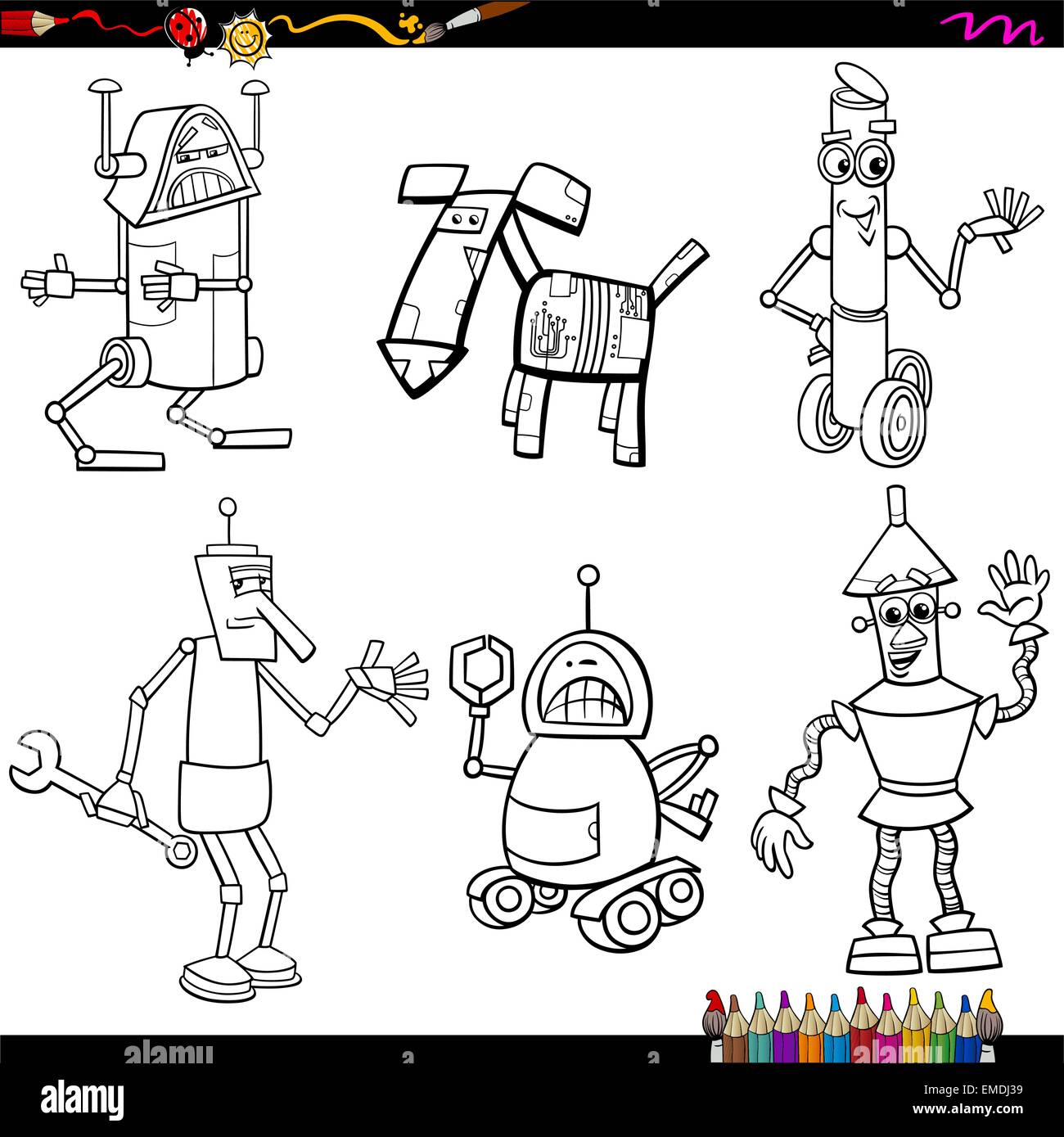 Libro da colorare Cartoon illustrazione di divertenti robot di fantasia il set di caratteri Illustrazione Vettoriale