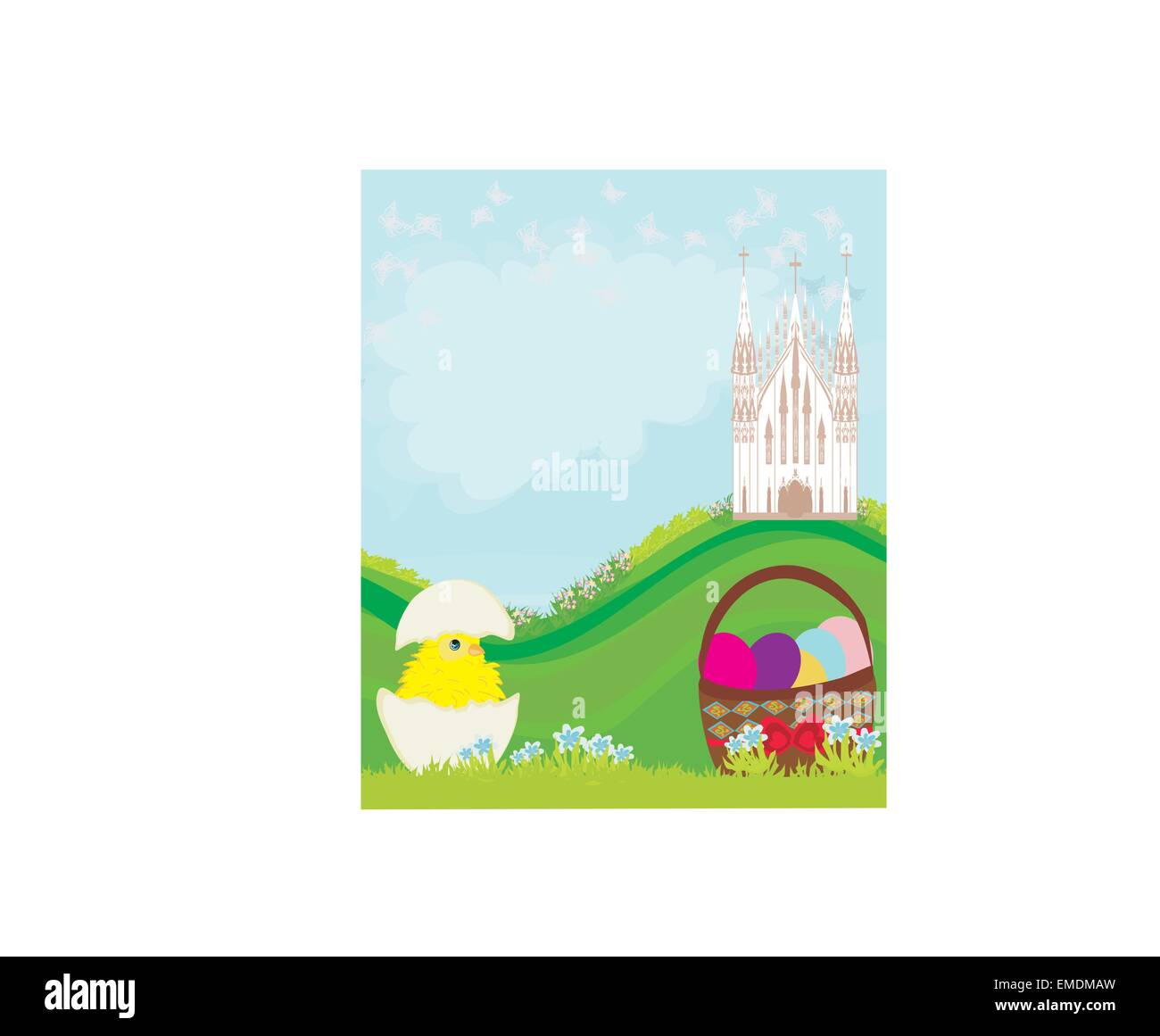 Paesaggio di pasqua con uova, fiori e farfalle e chiesa Illustrazione Vettoriale