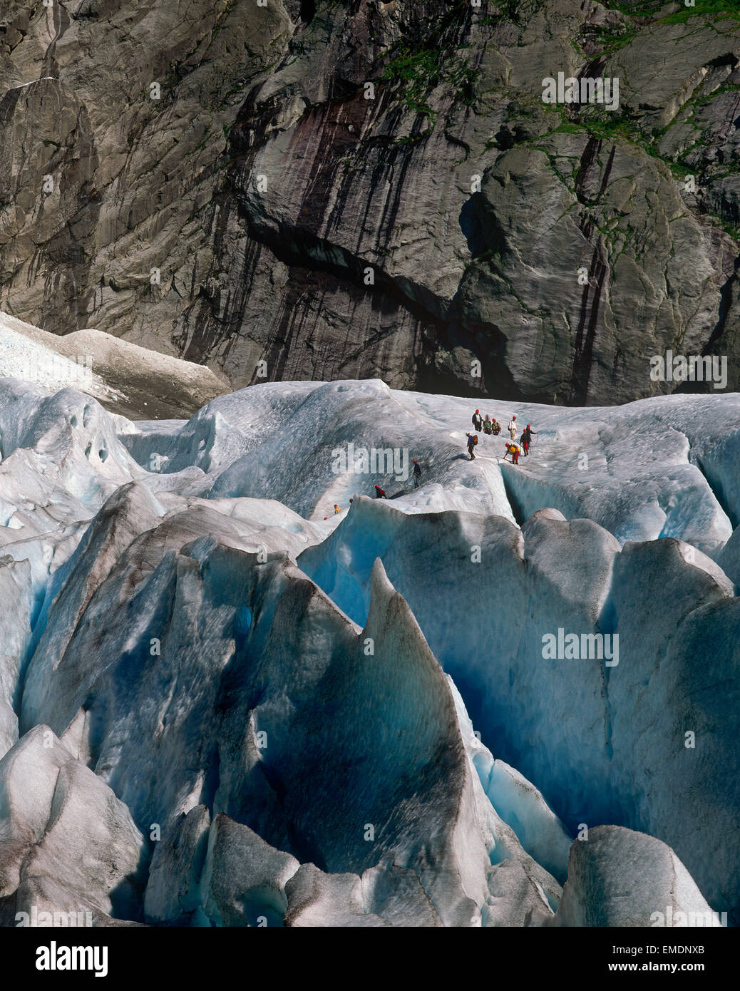 Gli escursionisti sul ghiacciaio Briksdalsbreen; un braccio del ghiacciaio Jostedalsbreen, Olden, Sogn og Fjordane, Norvegia Foto Stock
