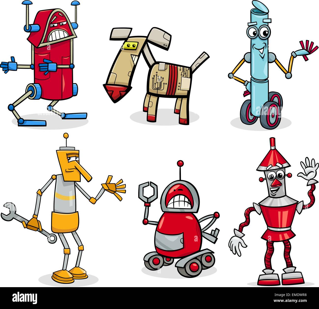 Cartoon illustrazione di divertenti robot o droidi Set di fantasia Illustrazione Vettoriale
