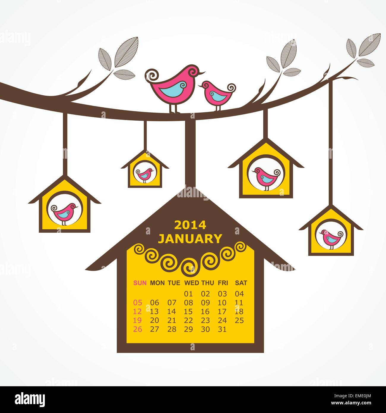 Calendario di Gennaio 2014 con gli uccelli sedersi sul ramo di vettore di stock Illustrazione Vettoriale