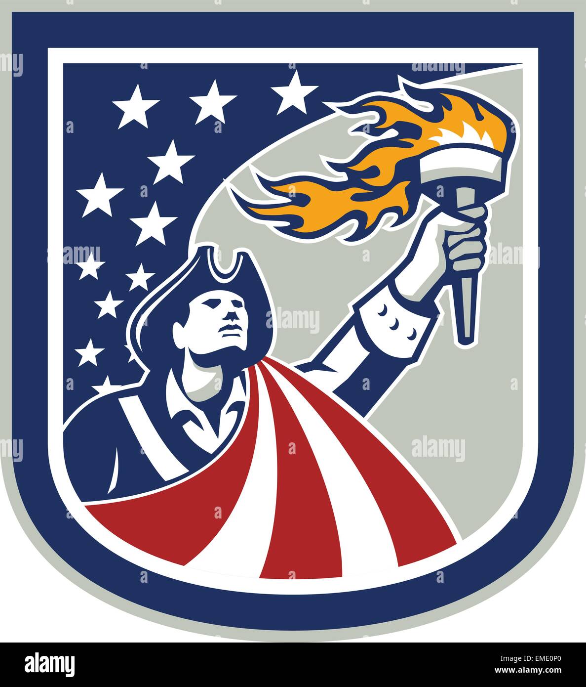 American Patriot tenendo in mano la torcia scudo di bandiera Illustrazione Vettoriale