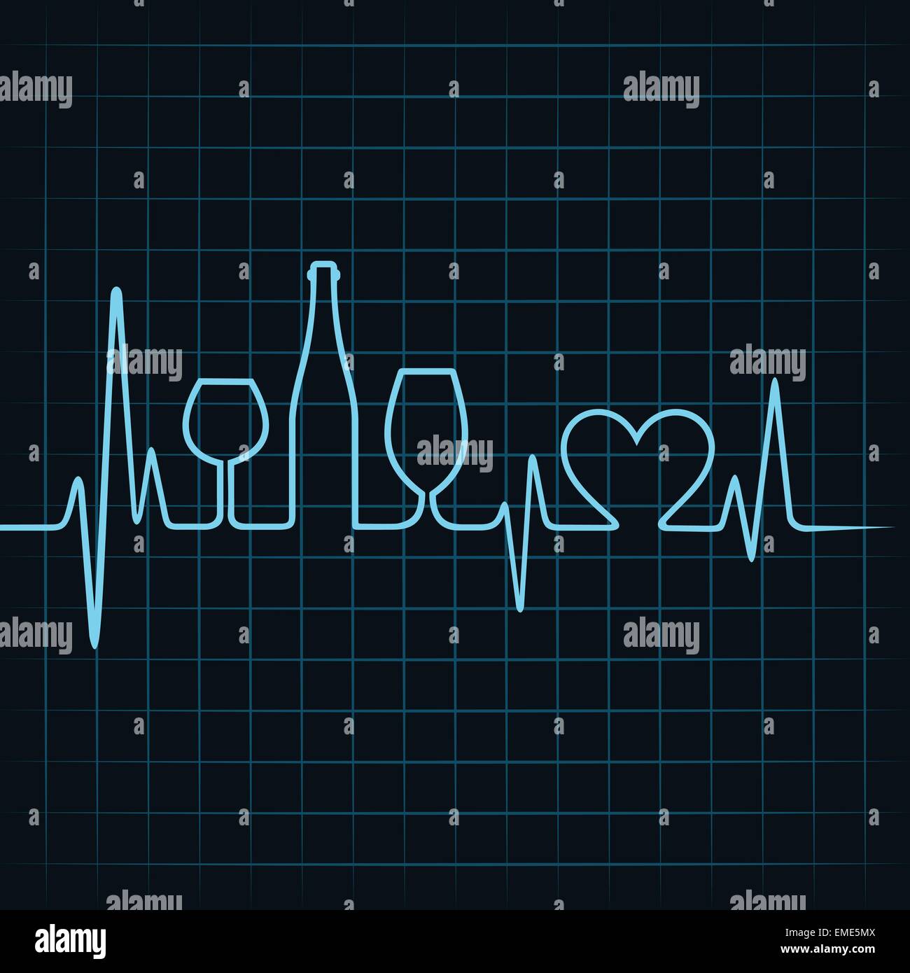 Fare heartbeat di bicchieri di vino,bottiglia e il simbolo del cuore di vettore di stock Illustrazione Vettoriale