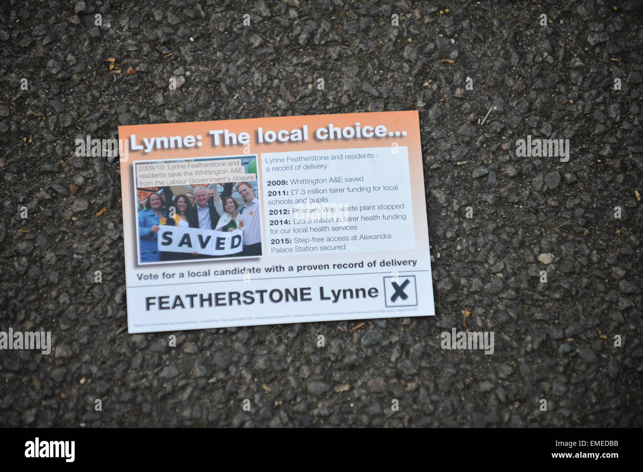 Stroud Green, Londra, Regno Unito. Xx Aprile 2015. Elezioni generali di banner e poster in Stroud area verde. Lynne Featherstone (LibDems) sta lottando per trattenere il sedile. Credito: Matteo Chattle/Alamy Live News Foto Stock