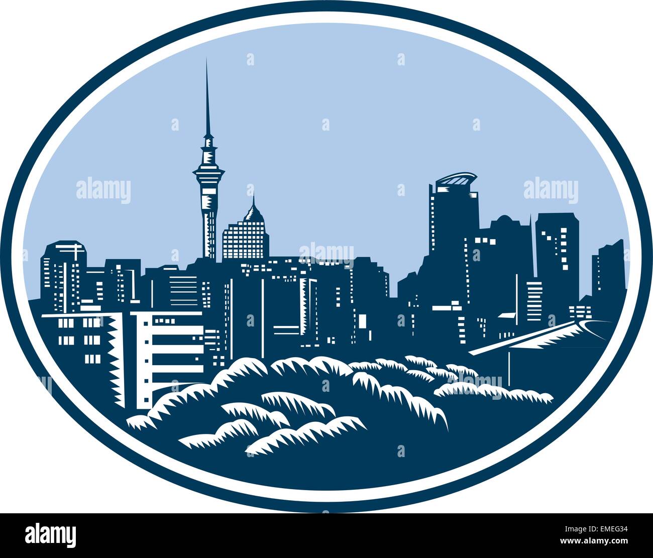 Auckland City Skyline xilografia retrò Illustrazione Vettoriale