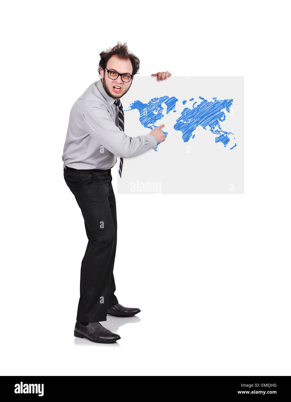 Crazy businessman holding poster con mappa del mondo Foto Stock