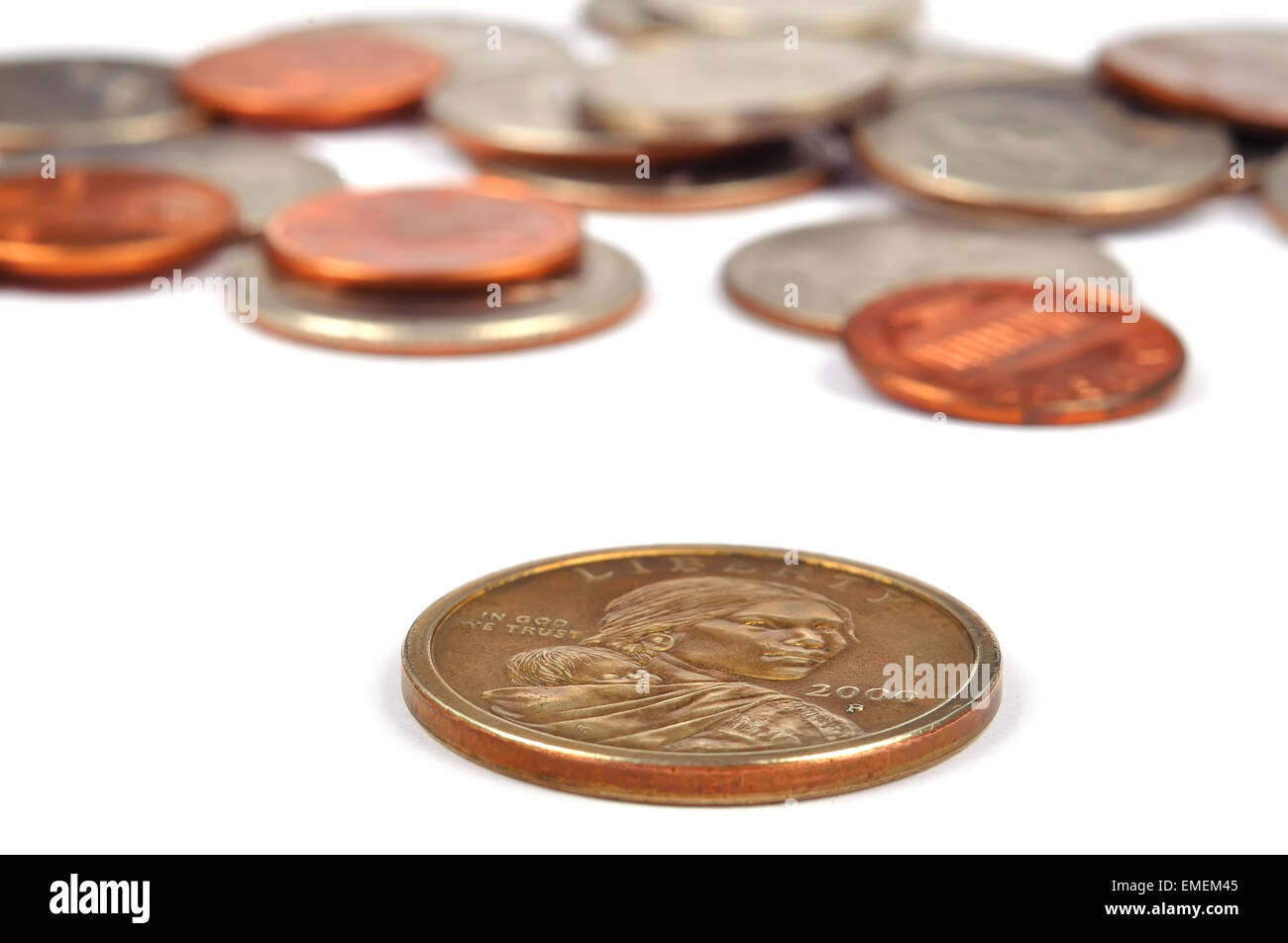 Un dollaro e monete, close up Foto Stock