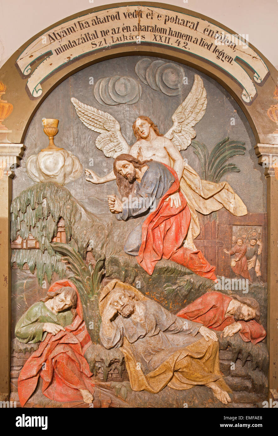 Banska Stivnica - il rilievo scolpite della preghiera di Gesù nel Getsemani giardino come parte del barocco Calvario Foto Stock
