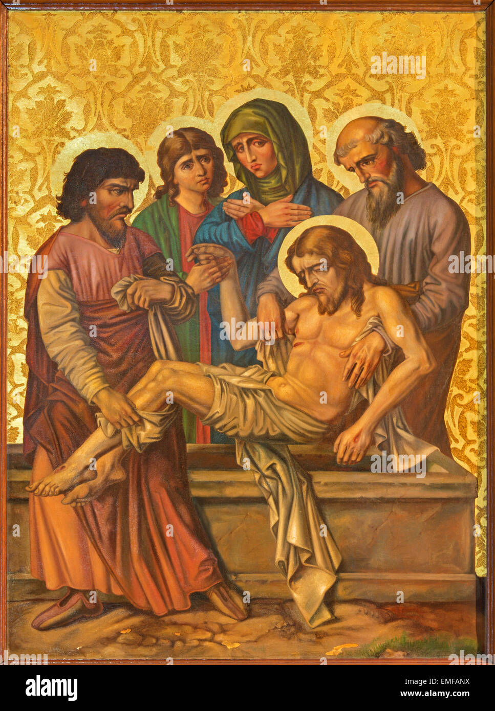Jerusaelm - la sepoltura di Gesù vernice come parte della croce modo ciclo nella Chiesa Armena di Nostra Signora di spasmo. Foto Stock