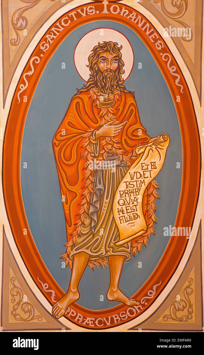 Gerusalemme, Israele - 5 Marzo 2015: il dipinto di San Giovanni Battista nel presbiterio di st. Stefano Chiesa da 20. cento. Foto Stock