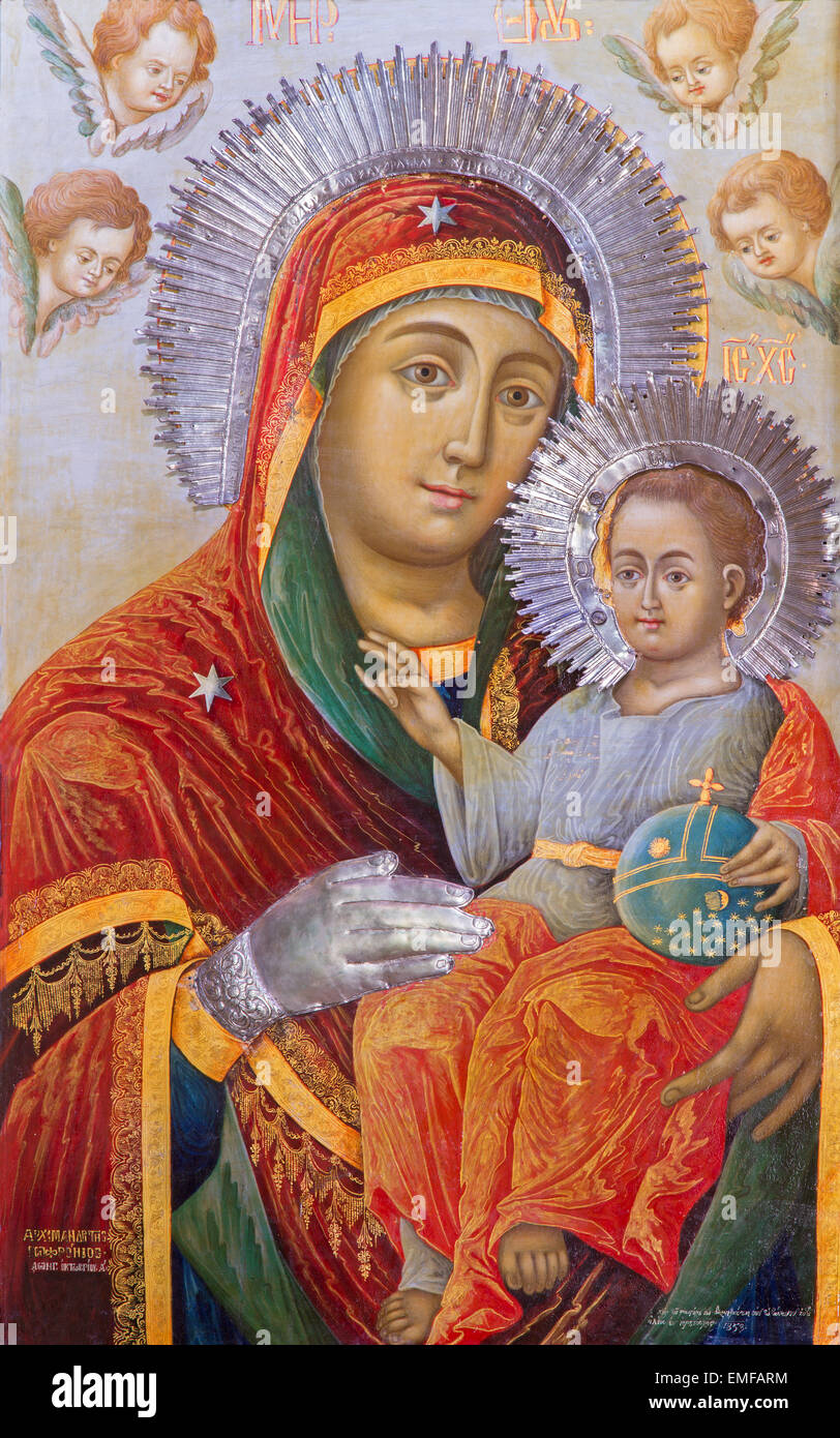 Gerusalemme, Israele - 5 Marzo 2015: l'icona Madonna r nella chiesa greco-ortodossa di st. Giovanni Battista nel quartiere cristiano Foto Stock