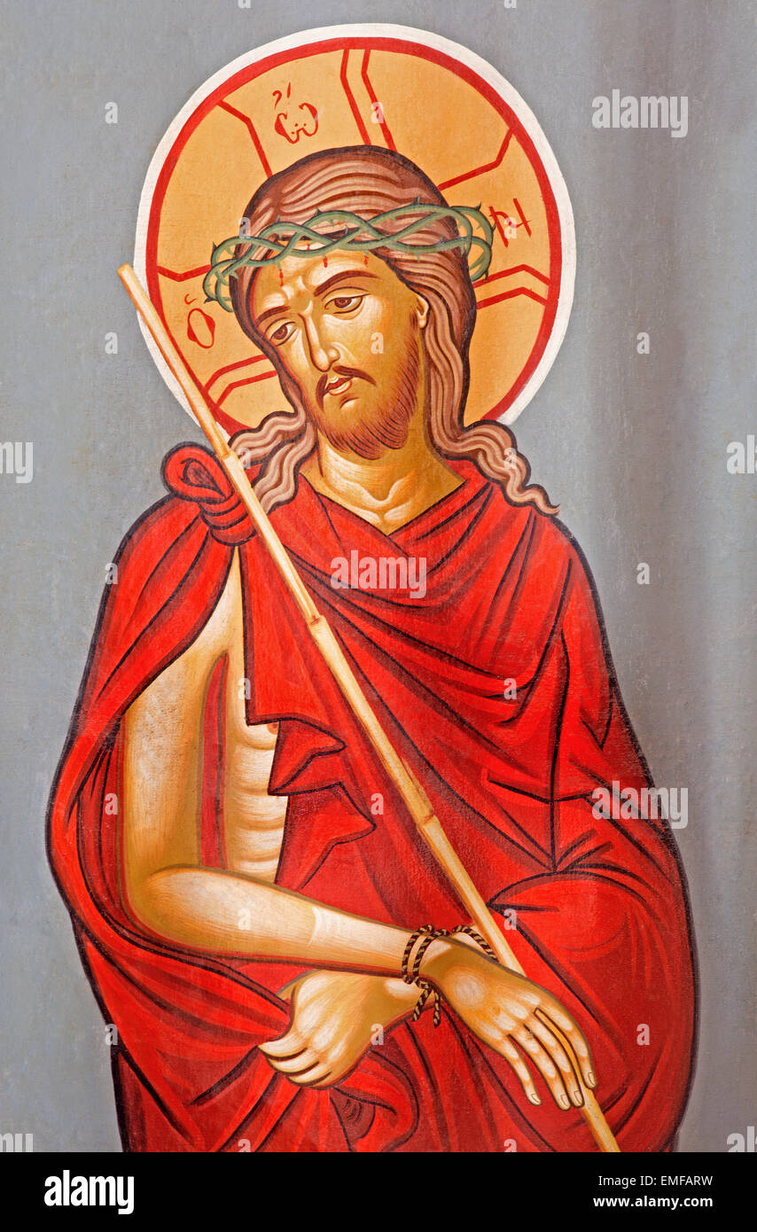 Gerusalemme, Israele - 5 Marzo 2015: Cristo nel legame icona in entrata alla cappella ortodossa sulla via dolorosa di artista sconosciuto Foto Stock