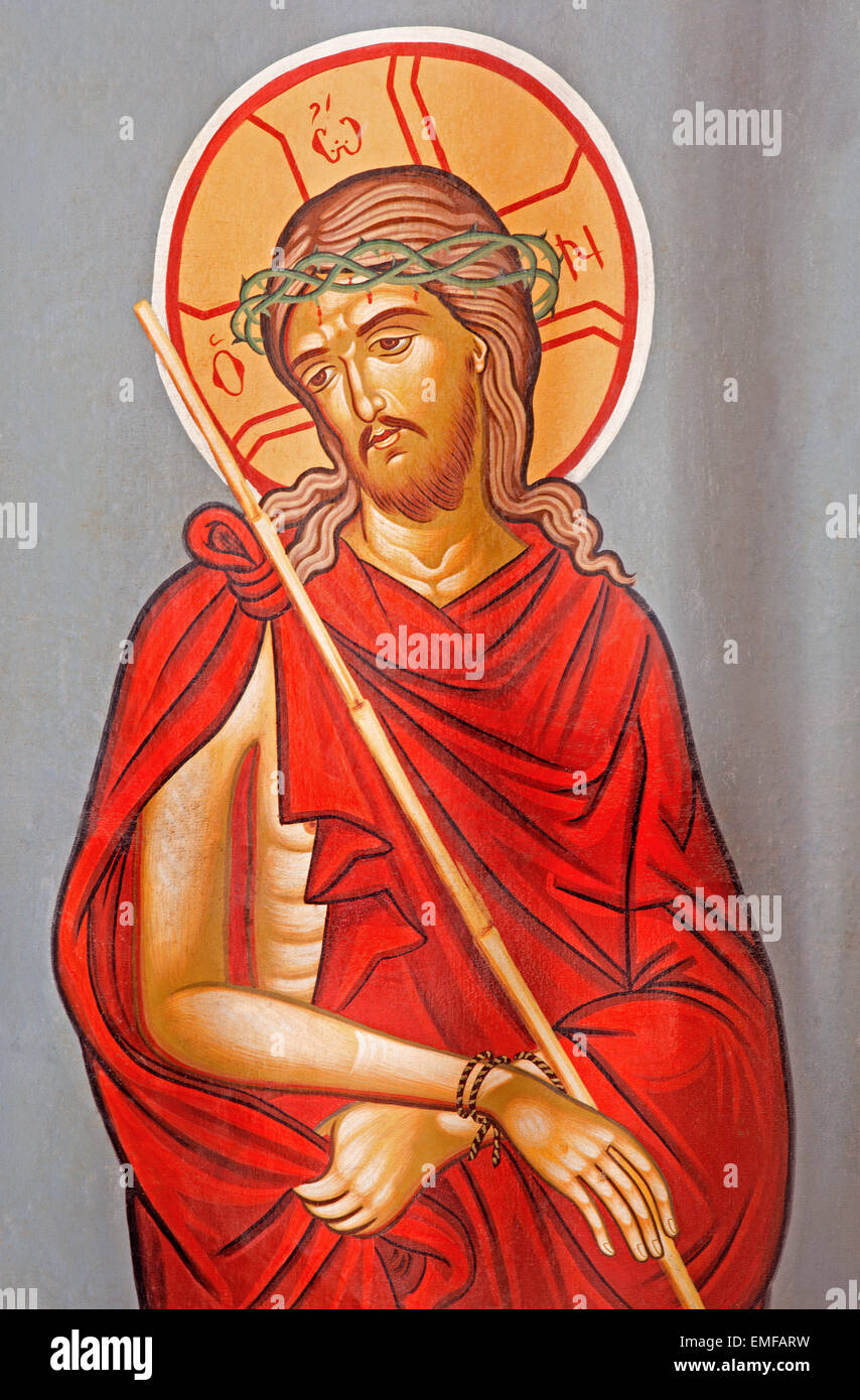 Gerusalemme, Israele - 5 Marzo 2015: Cristo nel legame icona in entrata alla cappella ortodossa sulla via dolorosa di artista sconosciuto Foto Stock