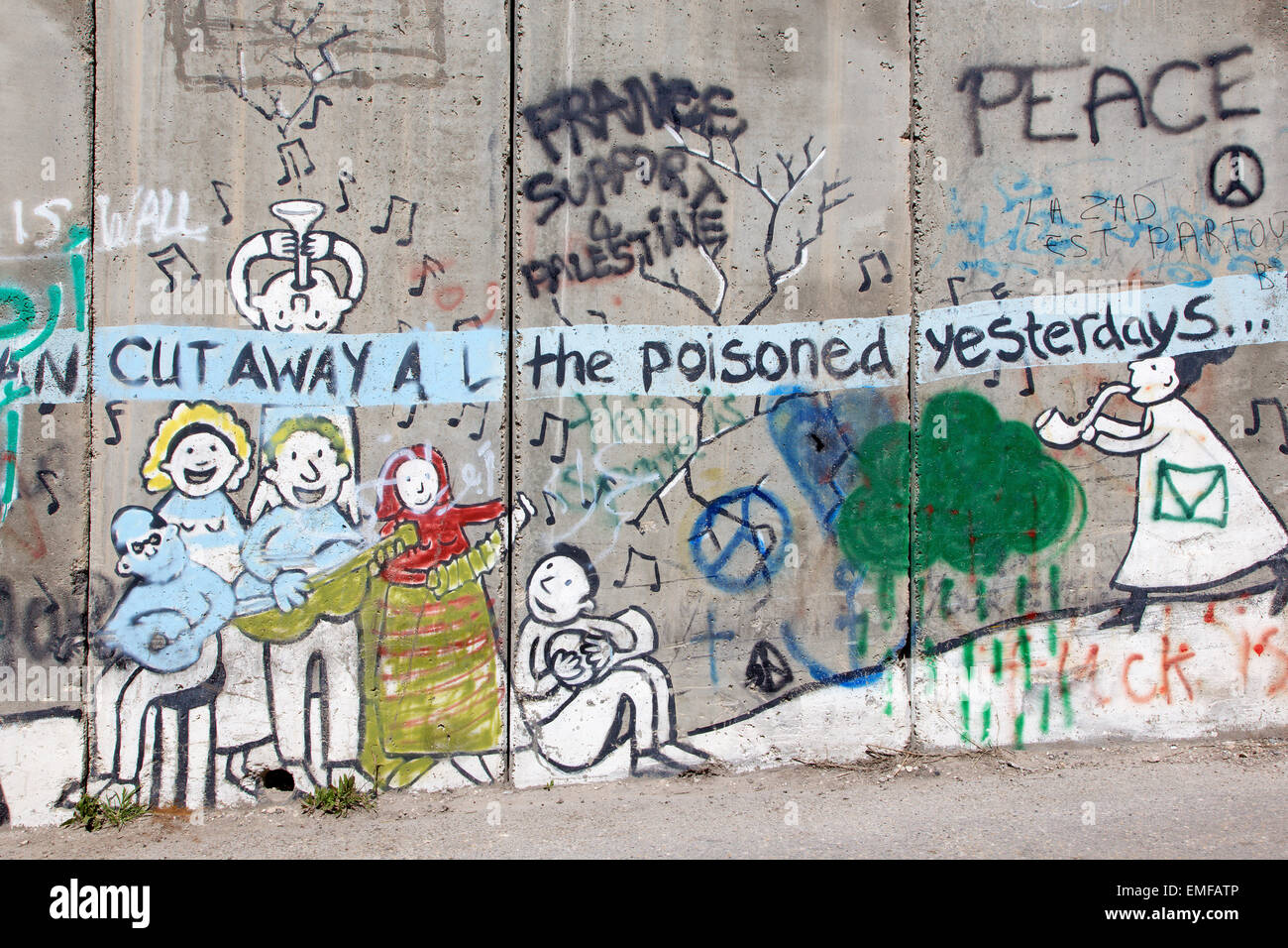 Betlemme, Israele - 6 Marzo 2015: il dettaglio di graffitti sulla barriera di separazione. Foto Stock