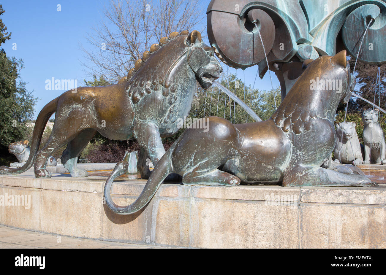 Gerusalemme, Israele - 6 Marzo 2015: La Fontana dei Leoni si trova in un parco in Yemin Moshe dallo scultore tedesco Gernot Rumpf Foto Stock