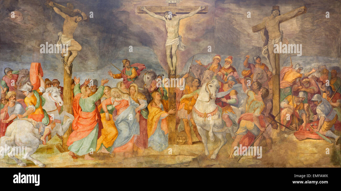 Roma, Italia - 25 Marzo 2015: La Crocifissione affresco nella Chiesa di San Marcello al Corso di G. B. Ricci (1613). Foto Stock