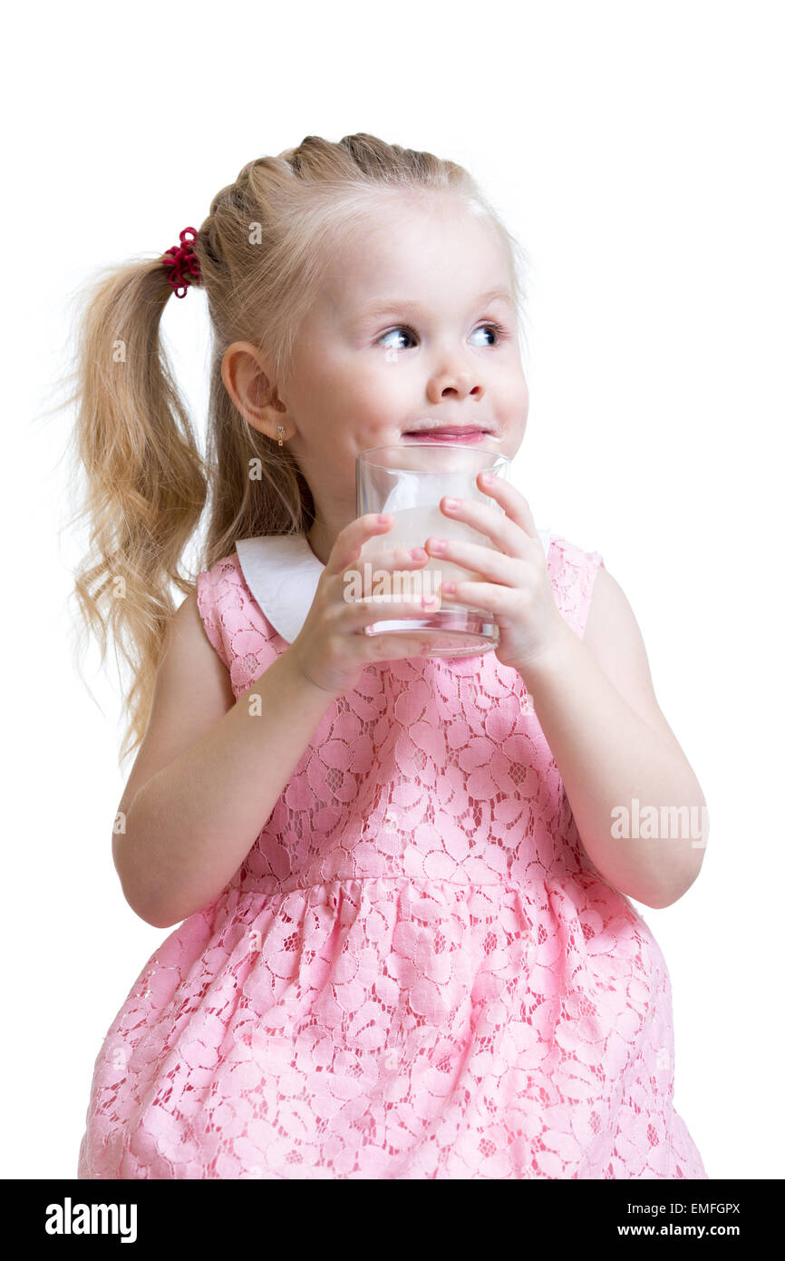 Piuttosto kid bere latte dal vetro Foto Stock