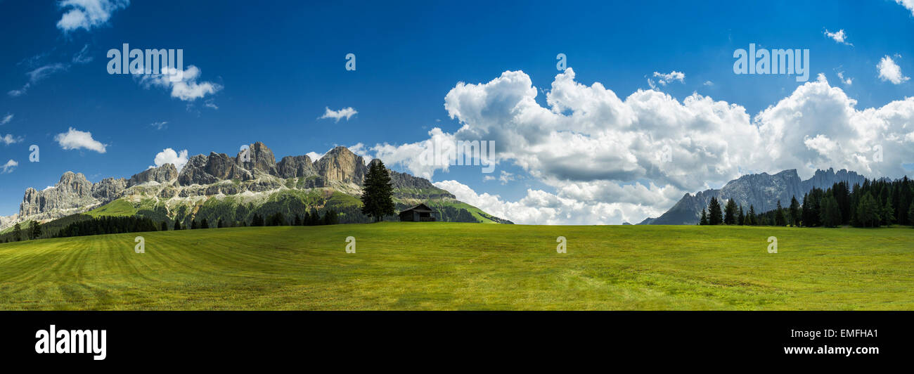 Dolomiti Catinaccio e Latemar panorama dal prato Colbleggio Foto Stock