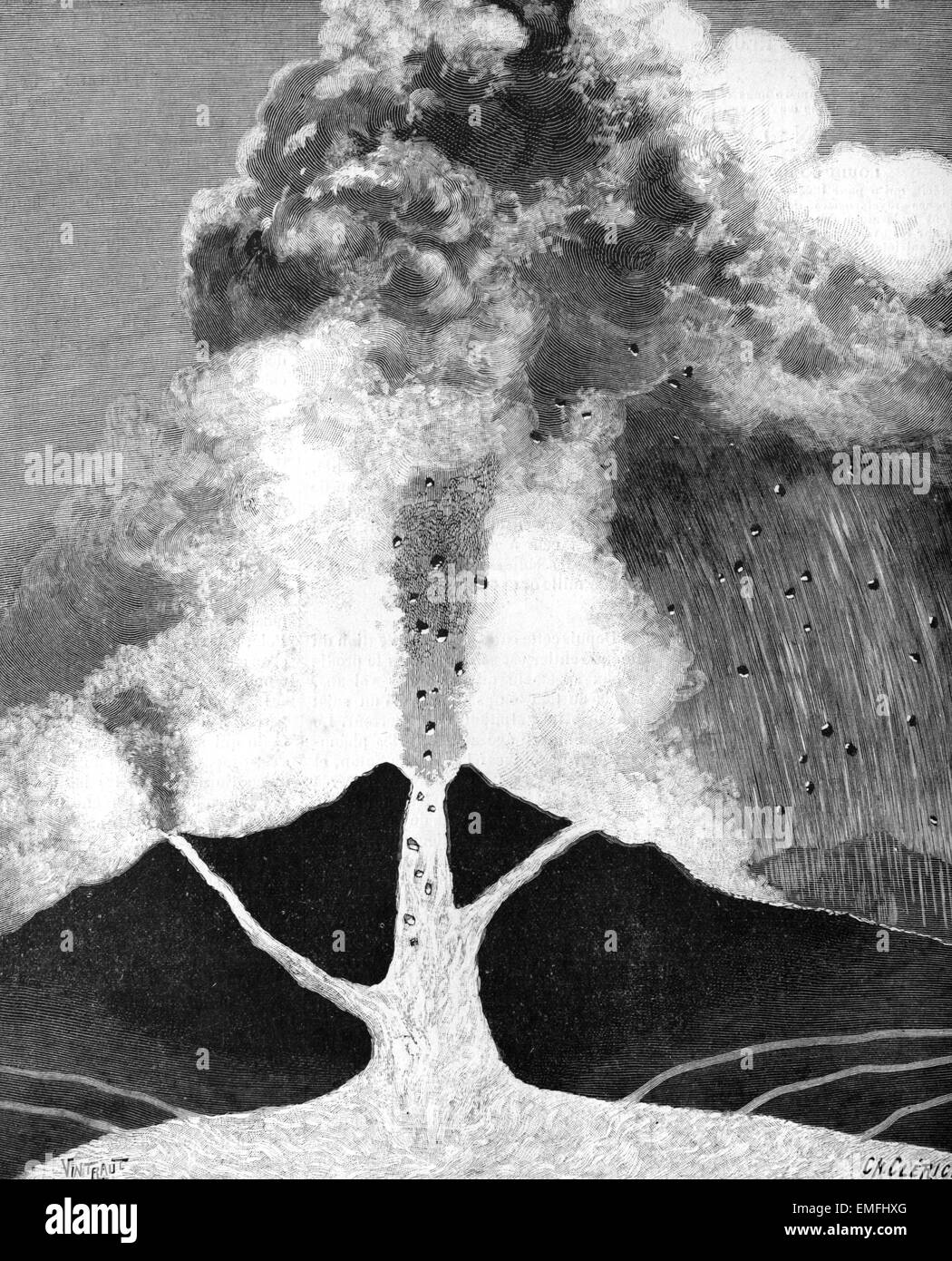 Illustrazione di una vista in sezione di un vulcano in eruzione o un eruzione vulcanica 1902 Foto Stock