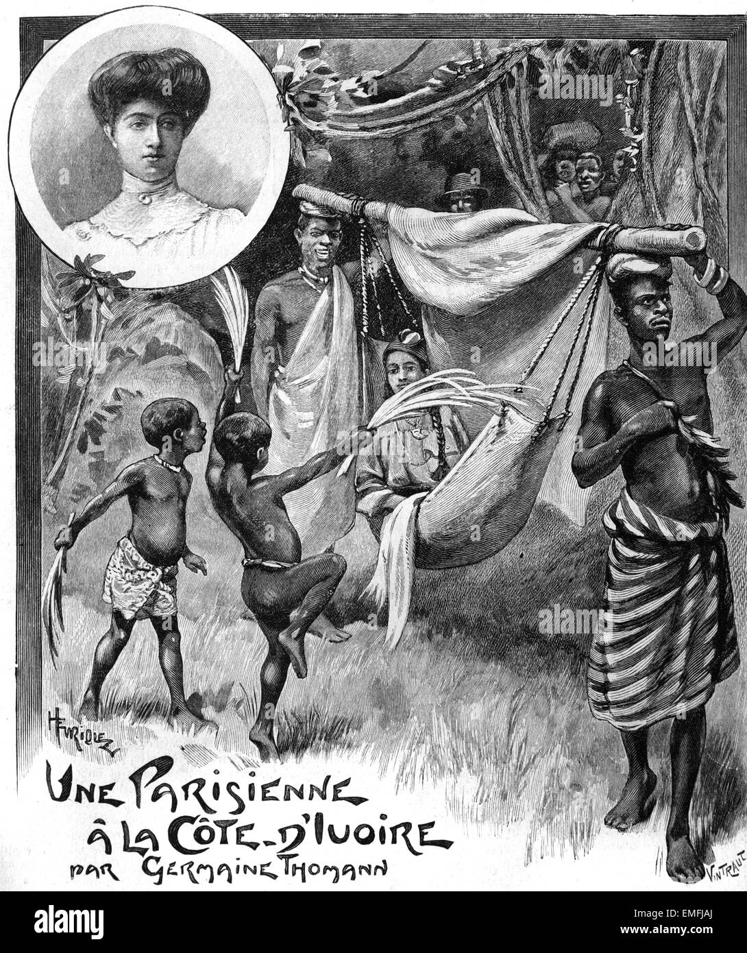 Unione o viaggiatore parigino che viaggiano da Palanquin portato dal locale nativi in stile coloniale Francese Costa d Avorio Africa 1910. Le reminiscenze "Une Parisienne à La Costa d'Avorio" da Germaine Thomann 1910 Foto Stock