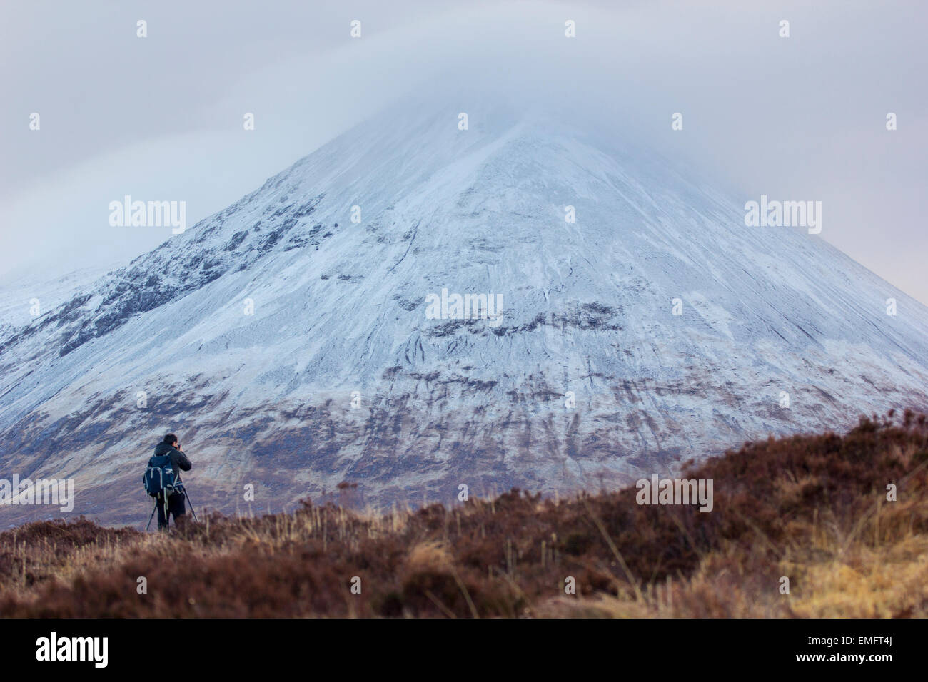 Fotografo di natura al lavoro nelle Highlands della Scozia Foto Stock