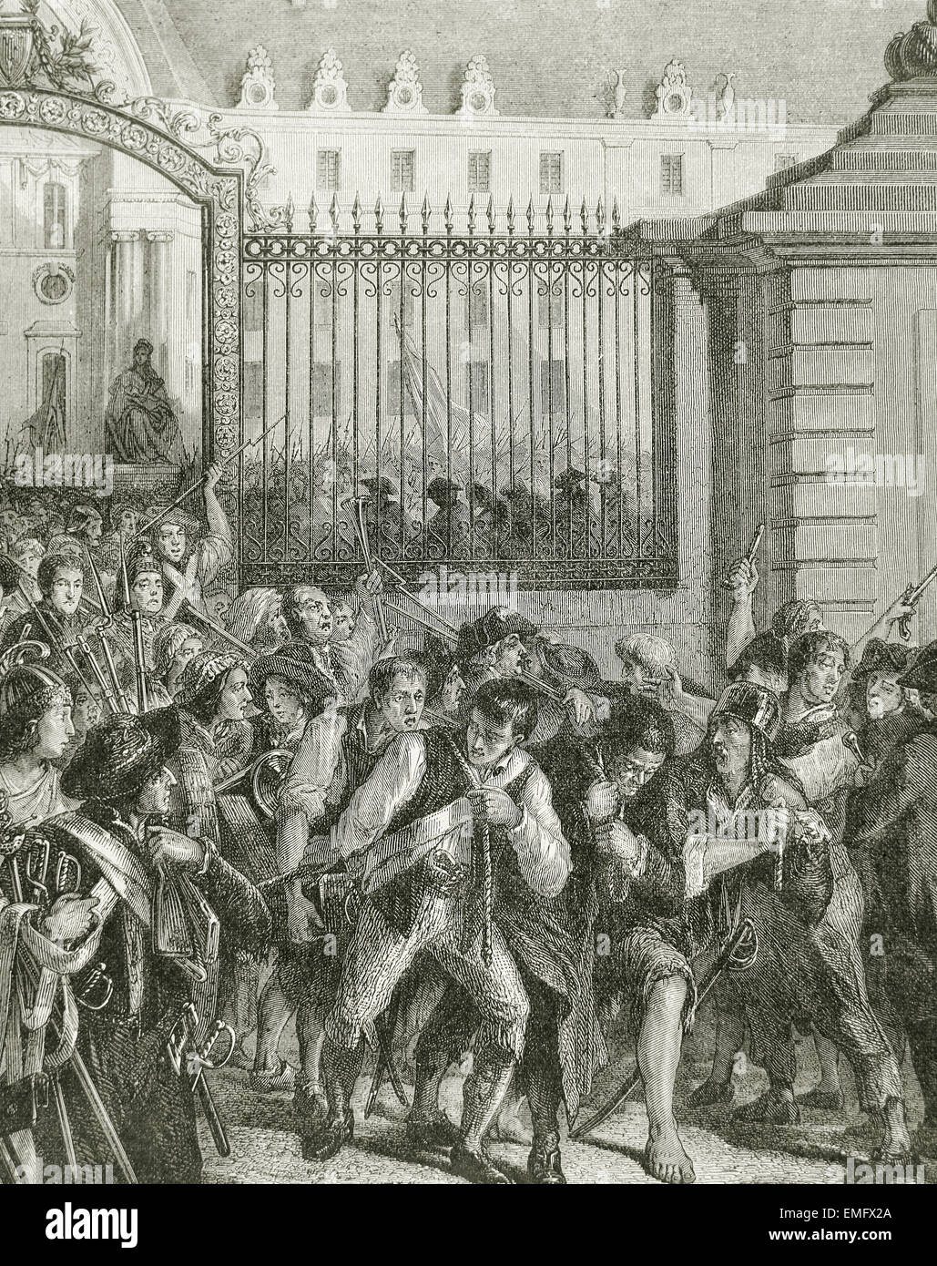 Rivoluzione francese. Storming la Bastiglia. Il 14 luglio 1789. I partigiani della III Station Wagon di Parigi, storming il Hotel des Invalides per raccogliere le armi. Incisione del XIX secolo. Foto Stock