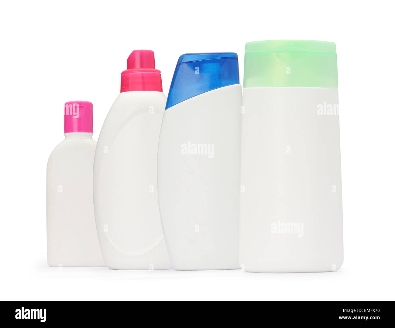 La foto di gruppo Confezione Flacone shampoo e sapone liquido isolato Foto Stock