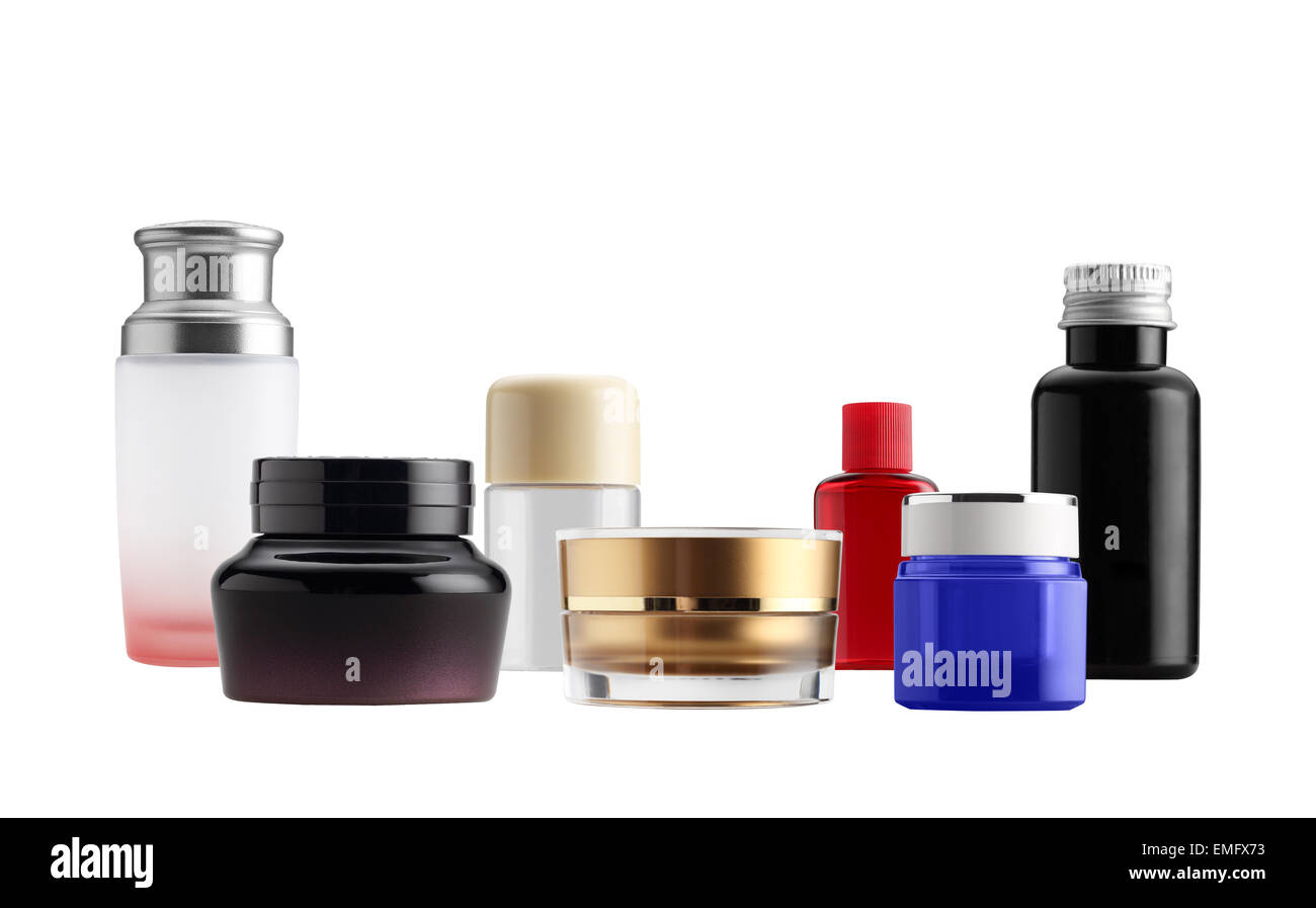 La foto di gruppo il confezionamento di bottiglie e vasetti isolato Foto Stock