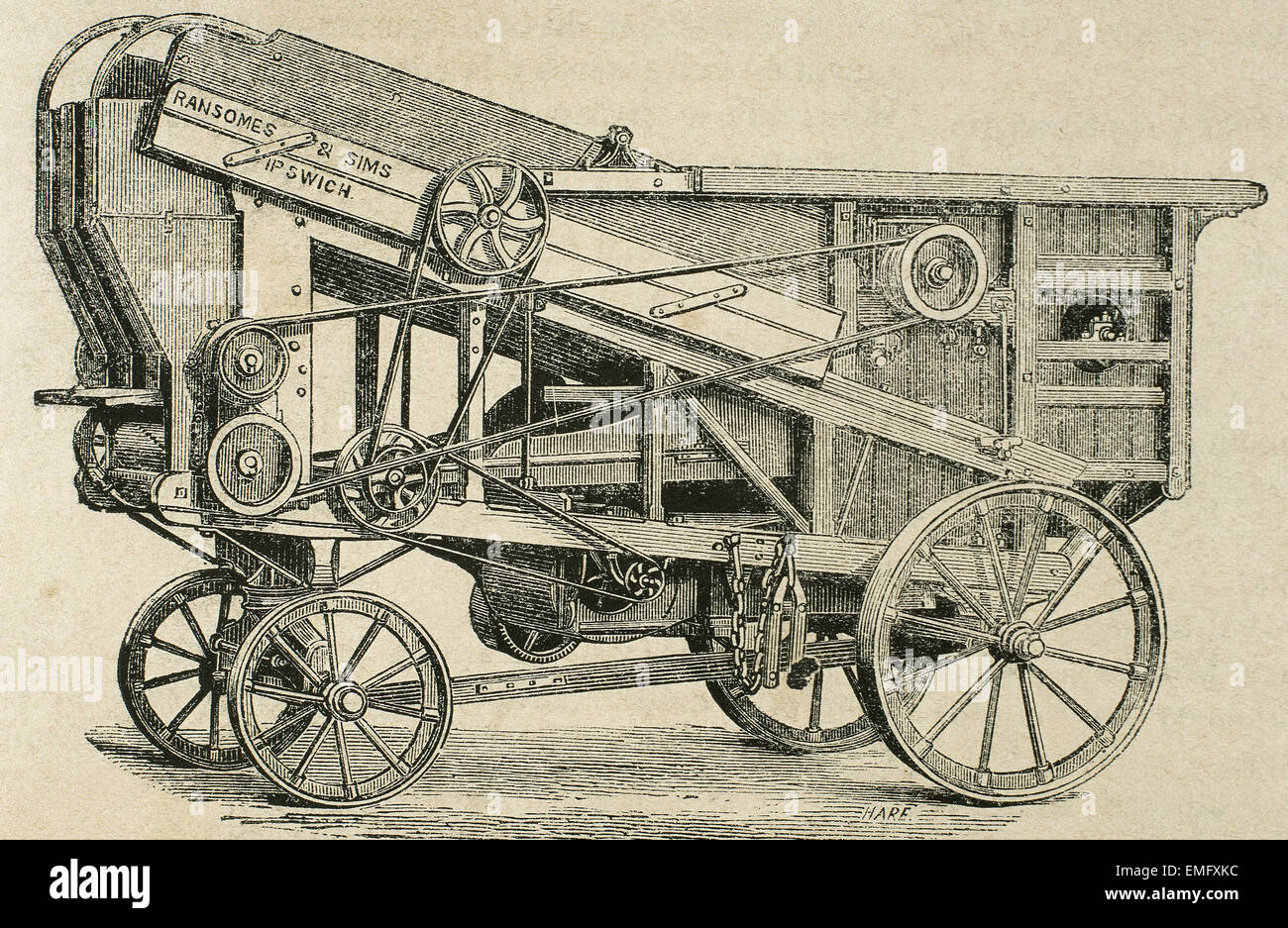 La rivoluzione industriale. Macchine agricole. La trebbiatrice. Serie H. Incisione di Haure. La Ilustracion Española y Americana, 1870. Foto Stock