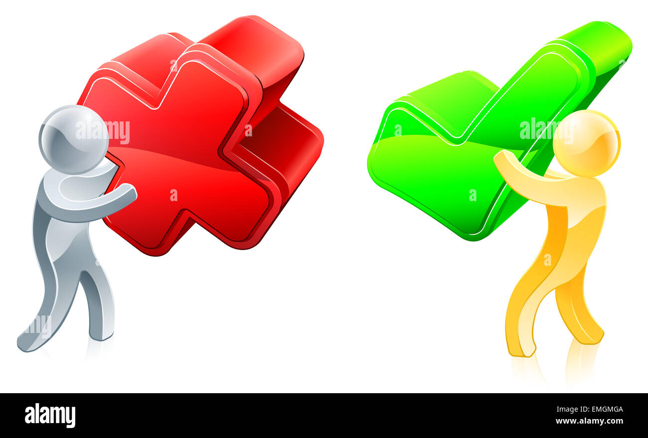 Le persone in possesso di una croce verde e un segno di spunta rosso, concept per il voto o in disaccordo Foto Stock