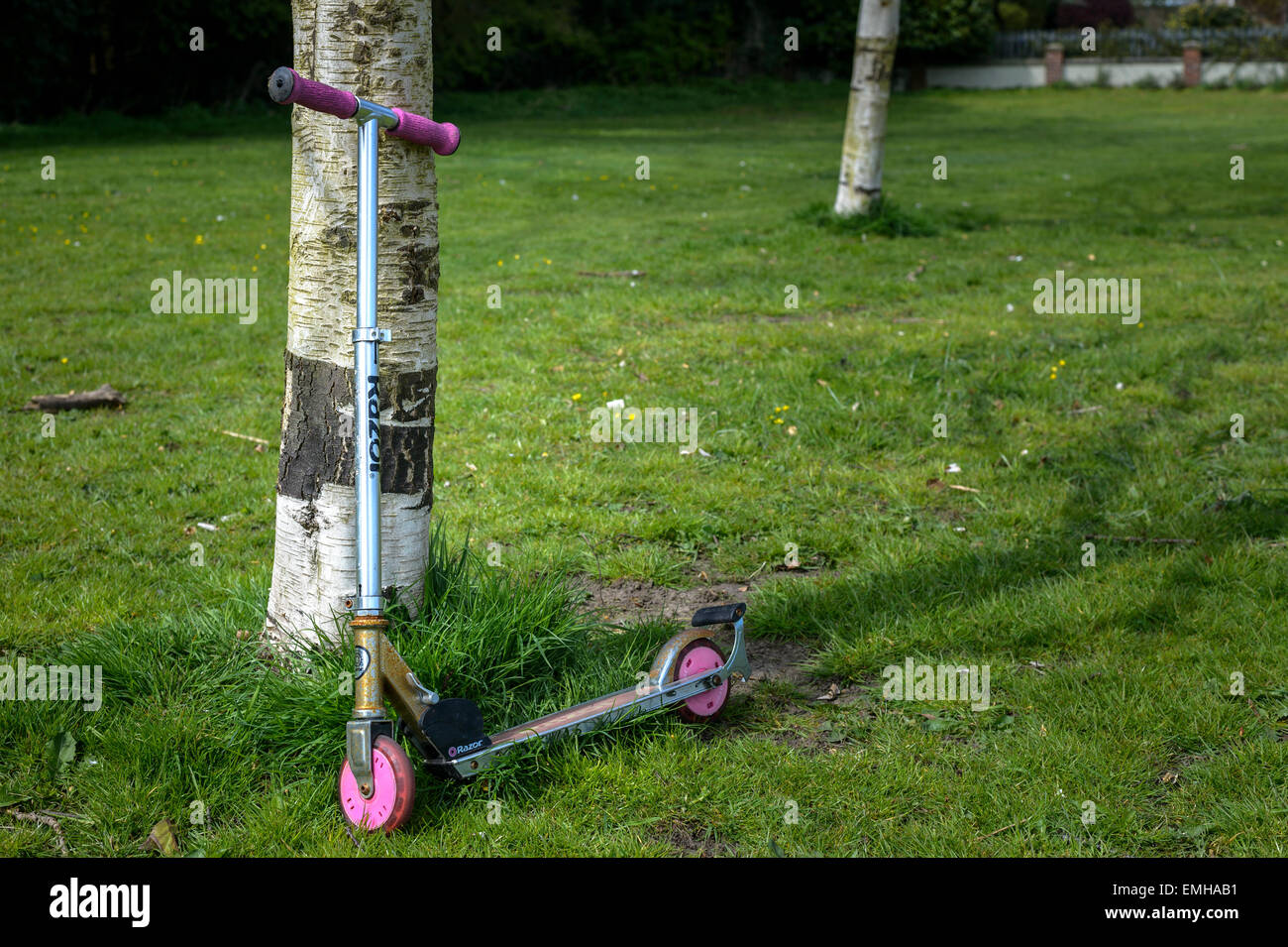 Bambino abbandonato di scooter (rasoio marca - 'Kick Scooter") appoggiata contro un albero. Manca il concetto del bambino. Foto Stock