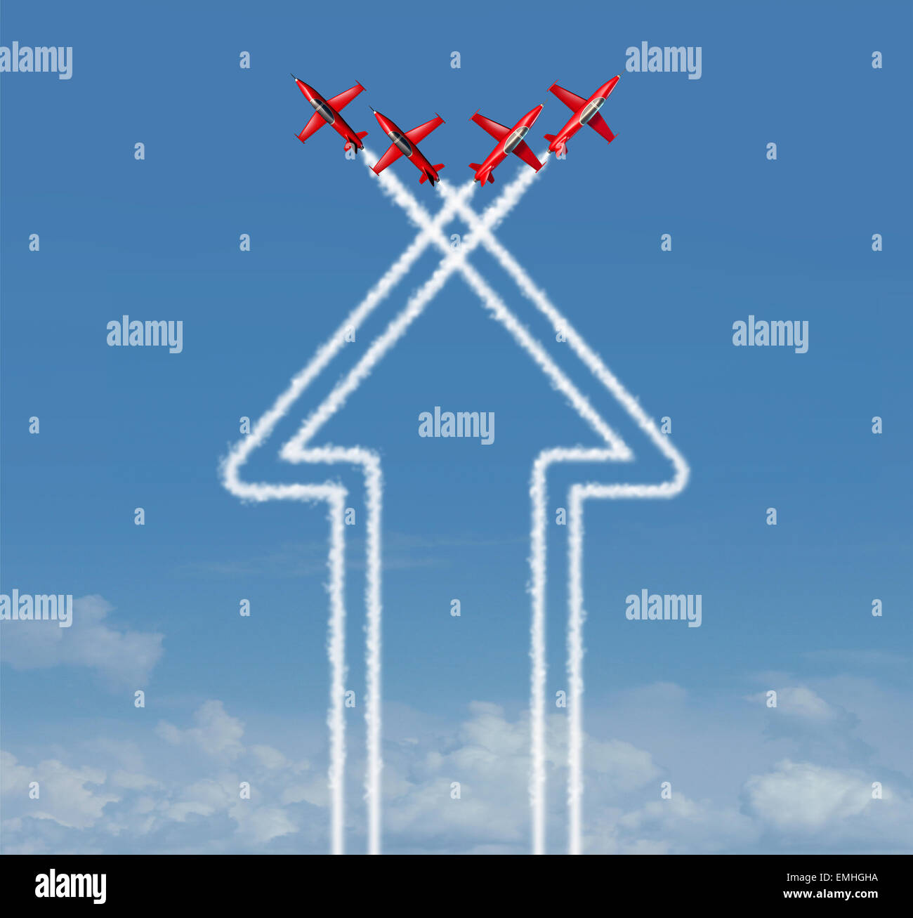 Concetto di organizzazione come un simbolo di freccia e l'icona per il successo realizzato da un gruppo organizzato di volare aerei lavorano insieme ad un air show su un cielo blu. Foto Stock