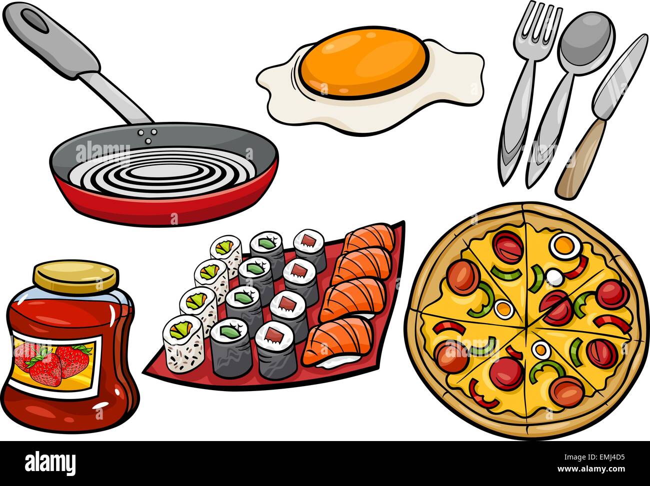 Cartoon illustrazione della cucina e gli oggetti alimentari Clip Arts Set Illustrazione Vettoriale