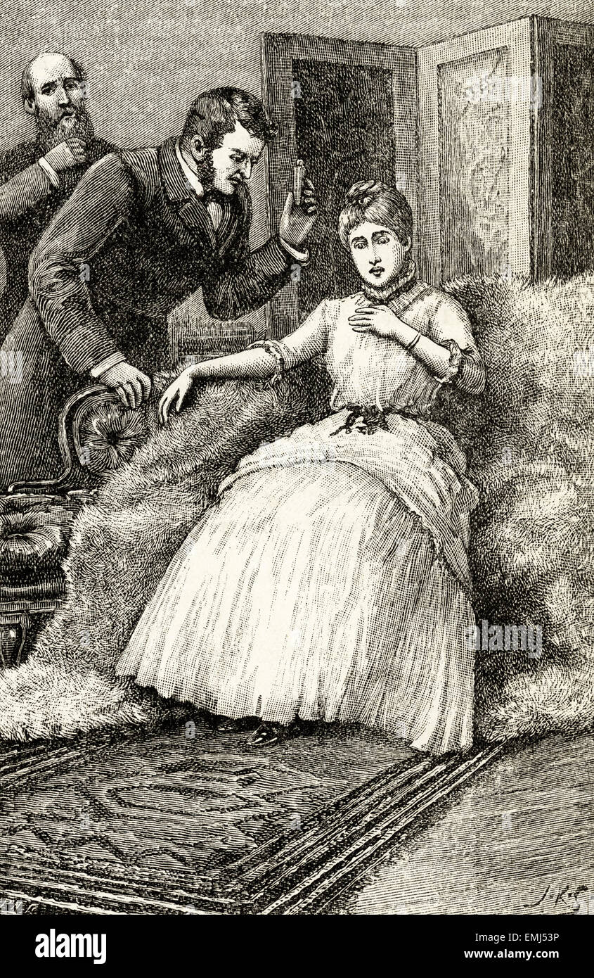 Medico di medicina dare ad una donna in casa sua. Victorian xilografia incisione datata 1890 Foto Stock