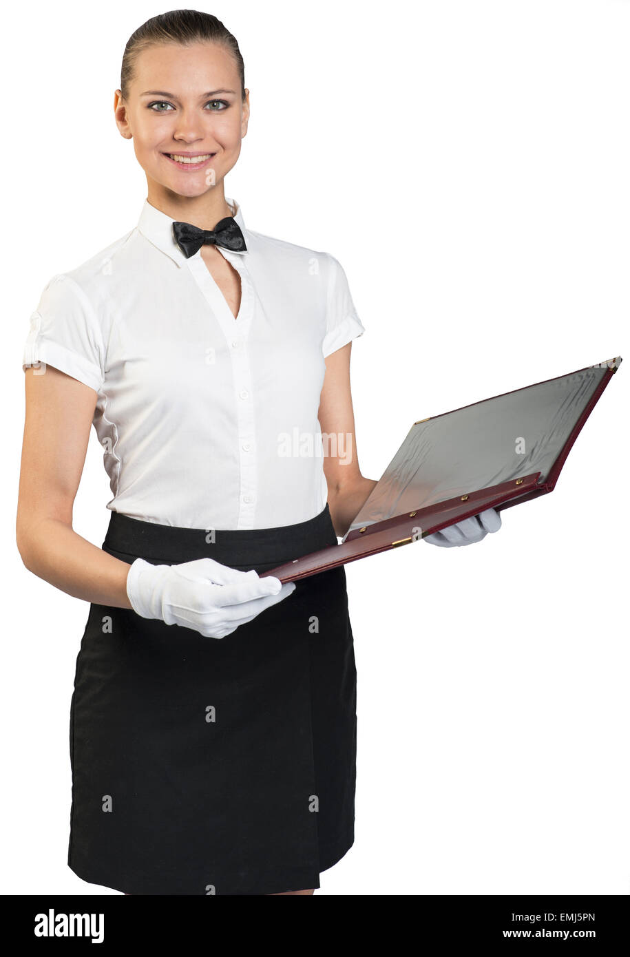 Cameriera con denti sorriso in guanti bianchi Foto Stock