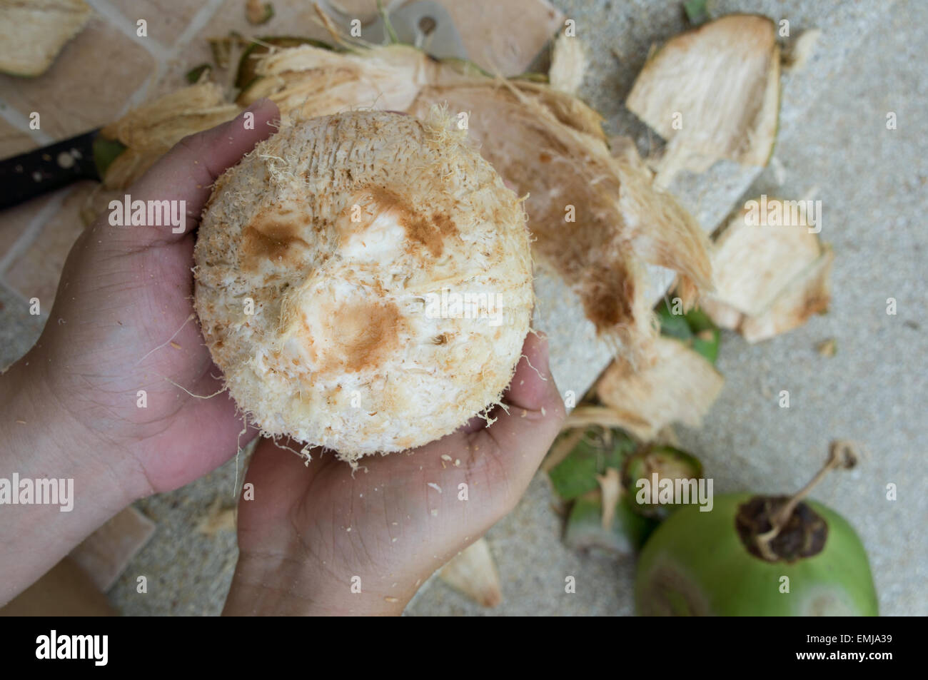 Drink di cocco strappare frutto all'interno di peel Foto Stock