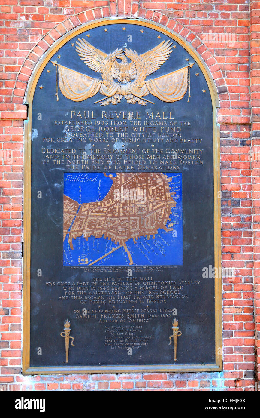 Boston Freedom Trail landmark placca. Paul Revere Mall. Boston Massachusetts. Foto Stock