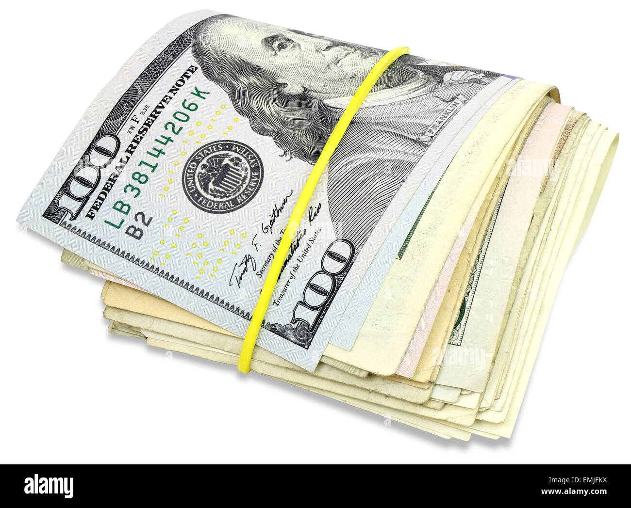 Pila di banconote di dollari isolato su uno sfondo bianco con tracciato di ritaglio Foto Stock