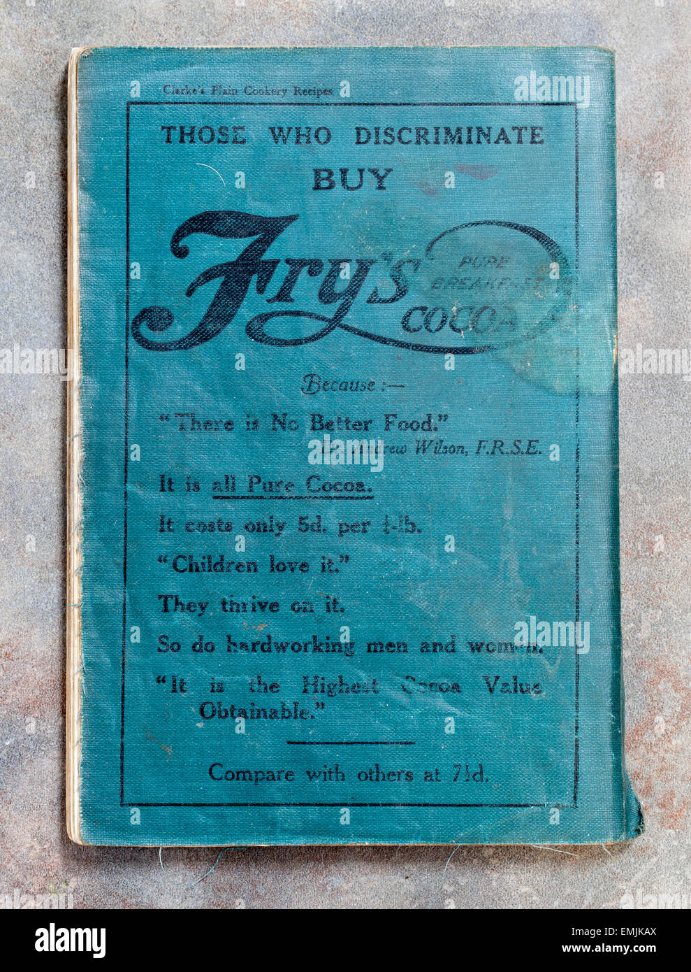 Vintage Annuncio per friggere il puro cacao colazione sul retro di Clarke's Plain Ricette di cucina Foto Stock