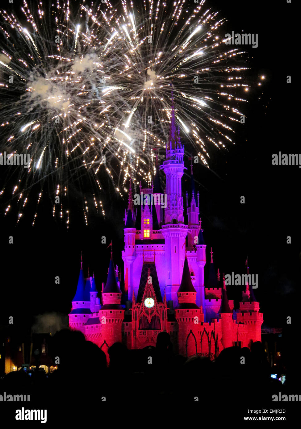 Il famoso auguri notturno di spettacolari fuochi d'artificio al Disney Magic Kingdom Castle Orlando, in Florida, in Febbraio 7, 2015 Foto Stock