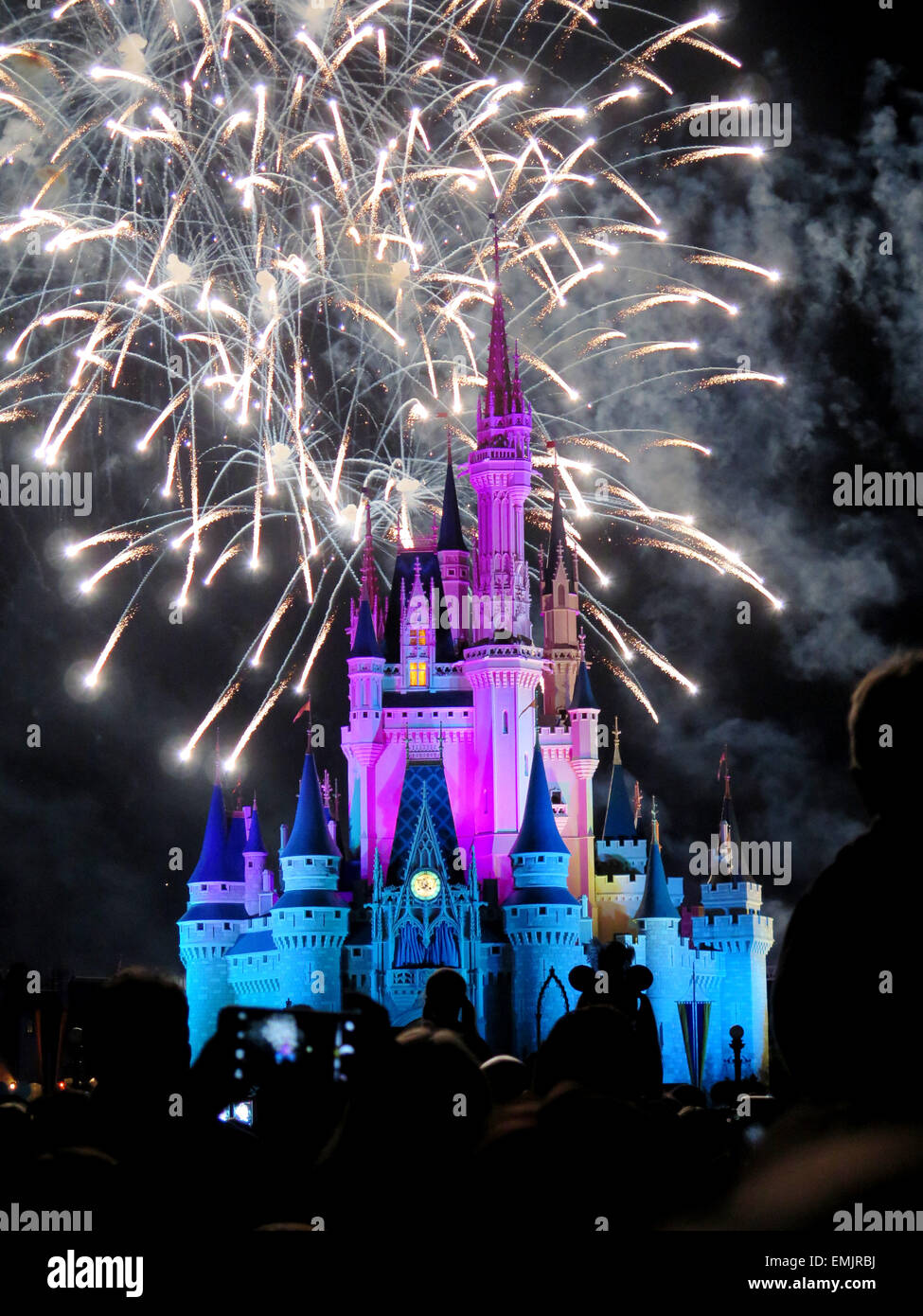 Il famoso auguri notturno di spettacolari fuochi d'artificio al Disney Magic Kingdom Castle Orlando, in Florida, in Febbraio 7, 2015 Foto Stock