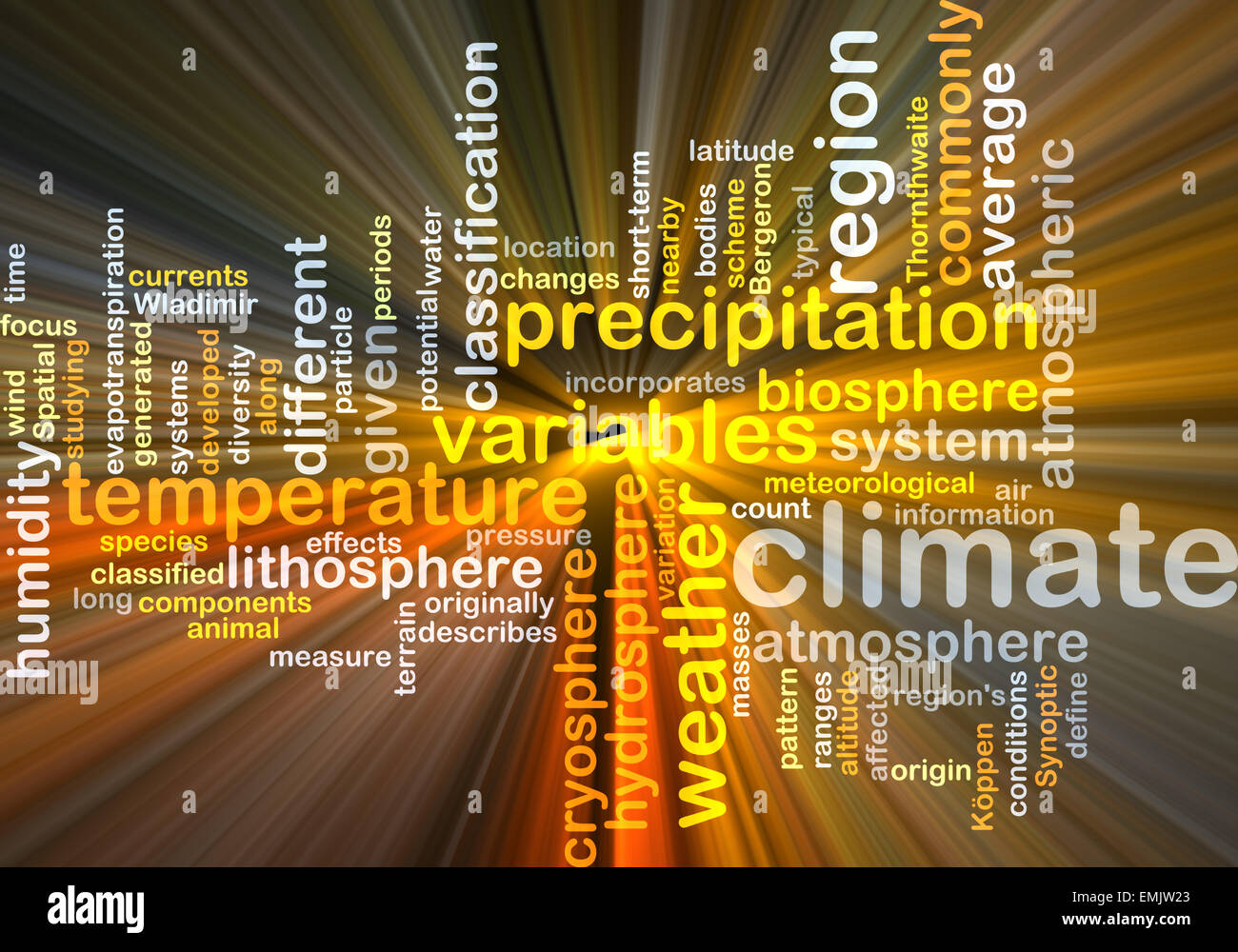 Sfondo del modello di testo concetto wordcloud illustrazione del clima meteo luce incandescente Foto Stock