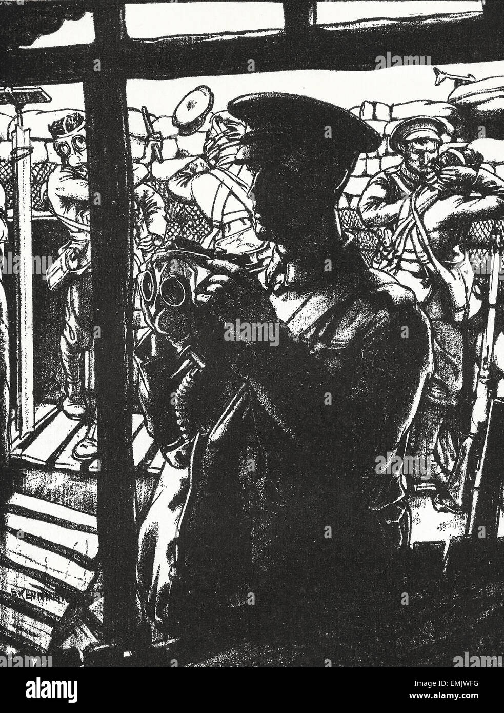 La maschera a gas - gas mettendo le maschere su nella I guerra mondiale Foto Stock