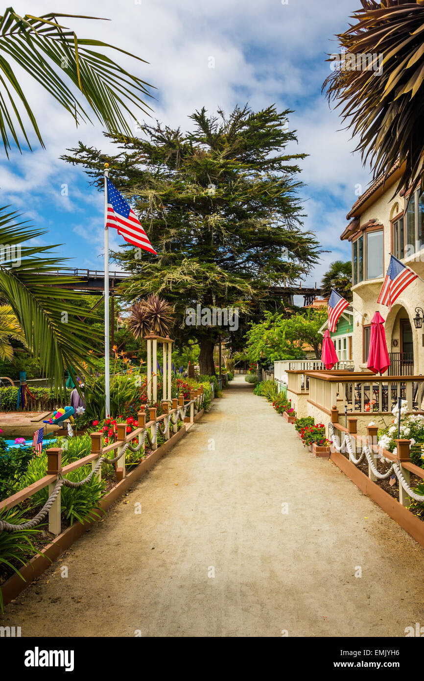 Palme e case lungo un marciapiede in Capitola, California. Foto Stock