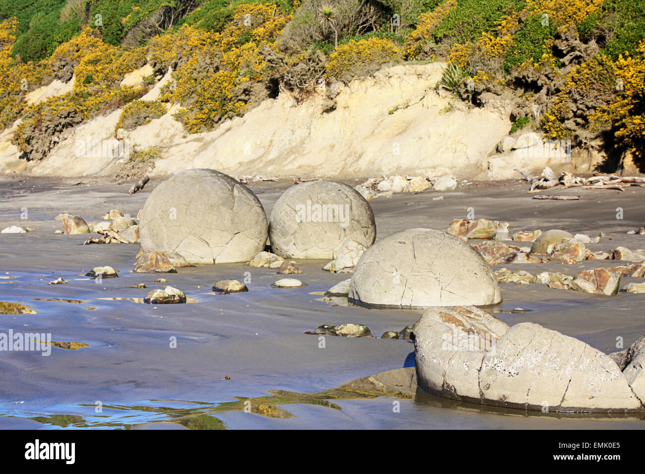 Un gruppo di perfettamente rotonda liscia,grigio di massi di varie cogliere sparse lungo la spiaggia Foto Stock