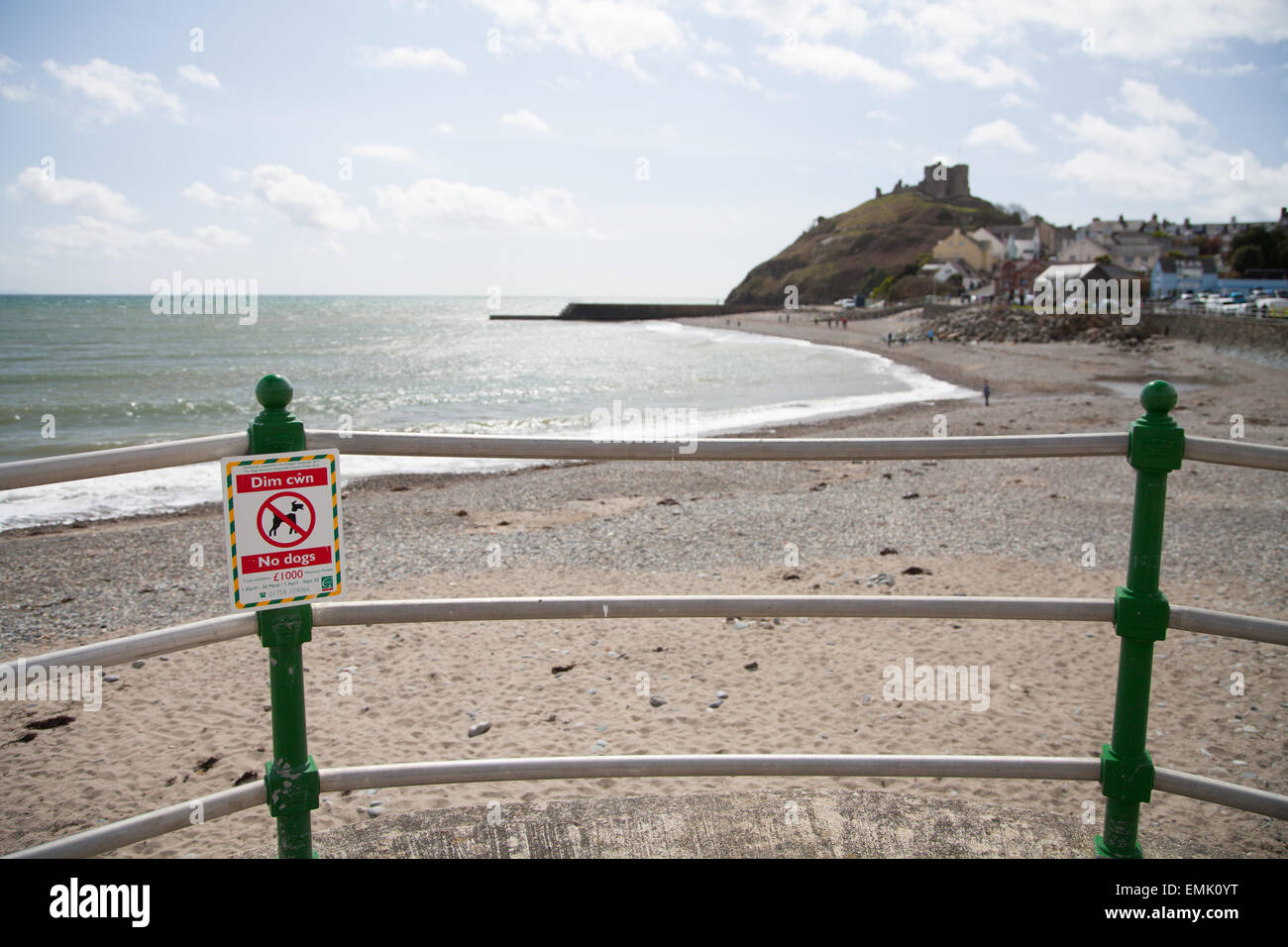 Welsh bilingue Inglese / segnaletica indicante stagionale zona cane divieto tra aprile e settembre a Criccieth beach Foto Stock