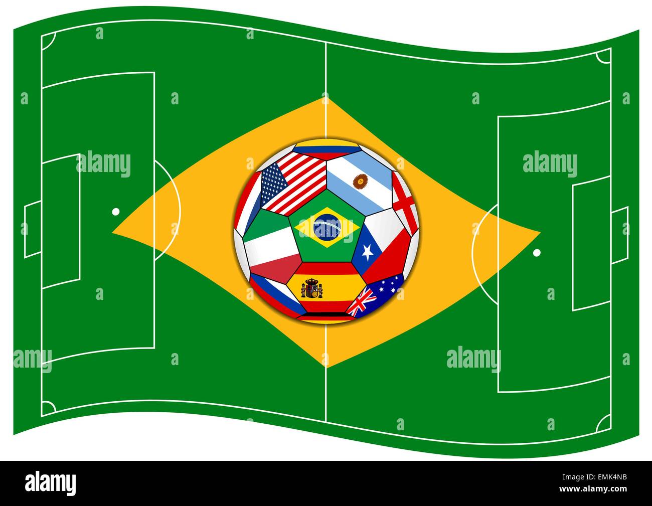 Illustrazione di vettore del campo di calcio assomiglia a bandiera Brasile con sfera Illustrazione Vettoriale