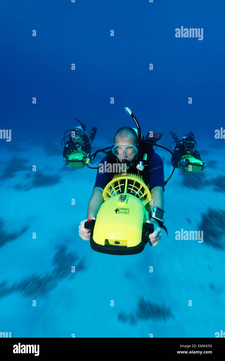 I subacquei con subacqueo veicoli a propulsione ad esplorare una barriera corallina, Soma Bay, Hurghada, Egitto, Mar Rosso Foto Stock