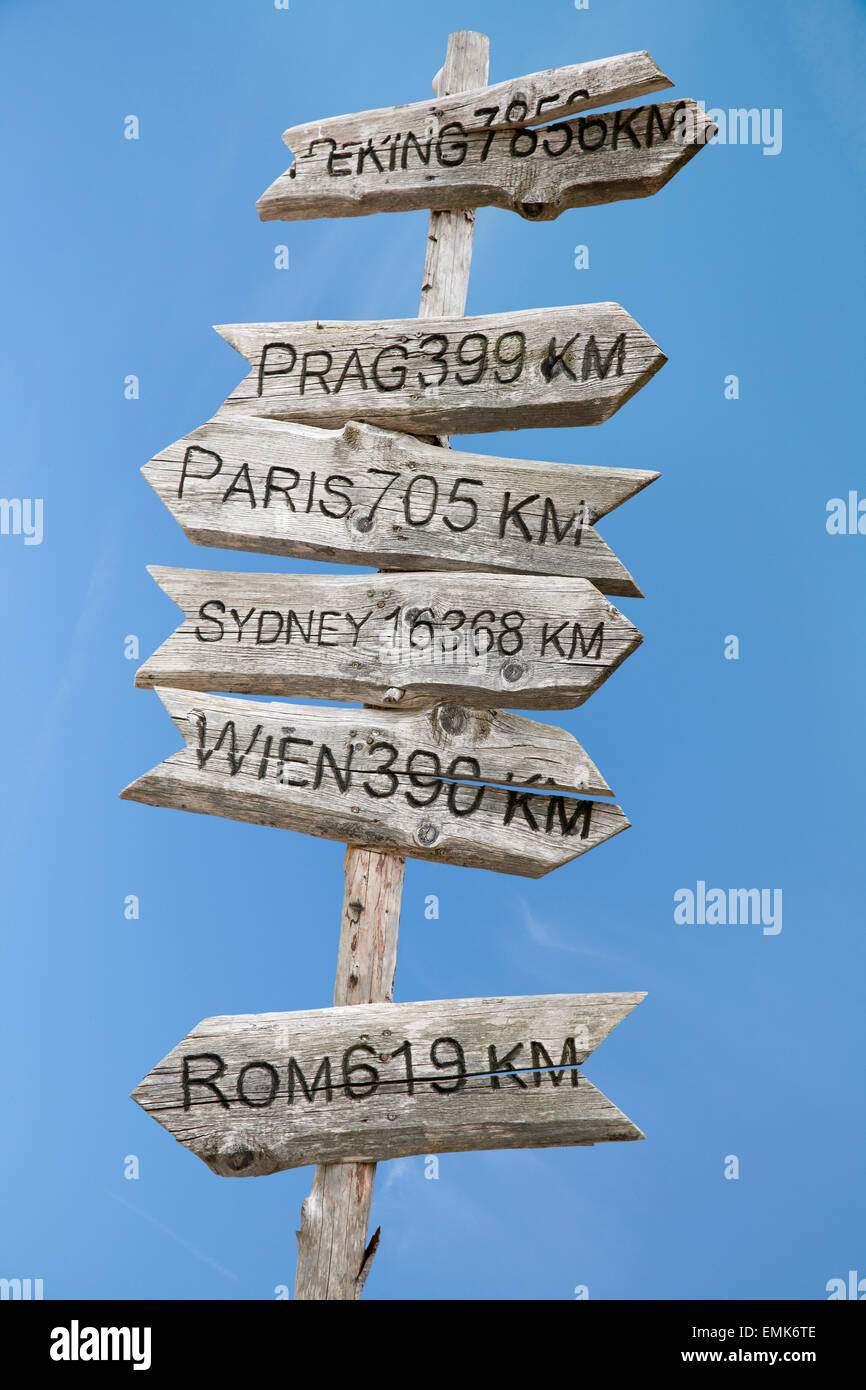 Segni di legno stagionato indicante distanze per le città europee, contro il cielo blu, la Valle dello Stubai in Tirolo, Austria Foto Stock